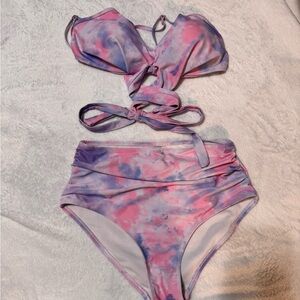 Pink & Blue Tie-Dye Bikini Set – High-Waisted Bottoms (Worn Once) size medium